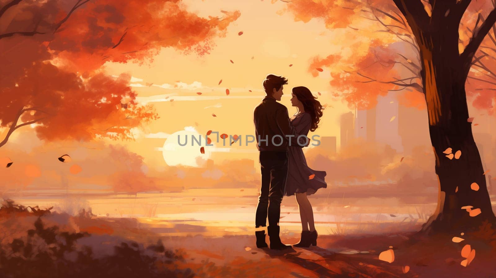Silhouette of a young couple, deeply in love, tenderly hugging and caressing each other in an autumn park. Romantic scene. Illustration for cover, interior design. AI generativ.