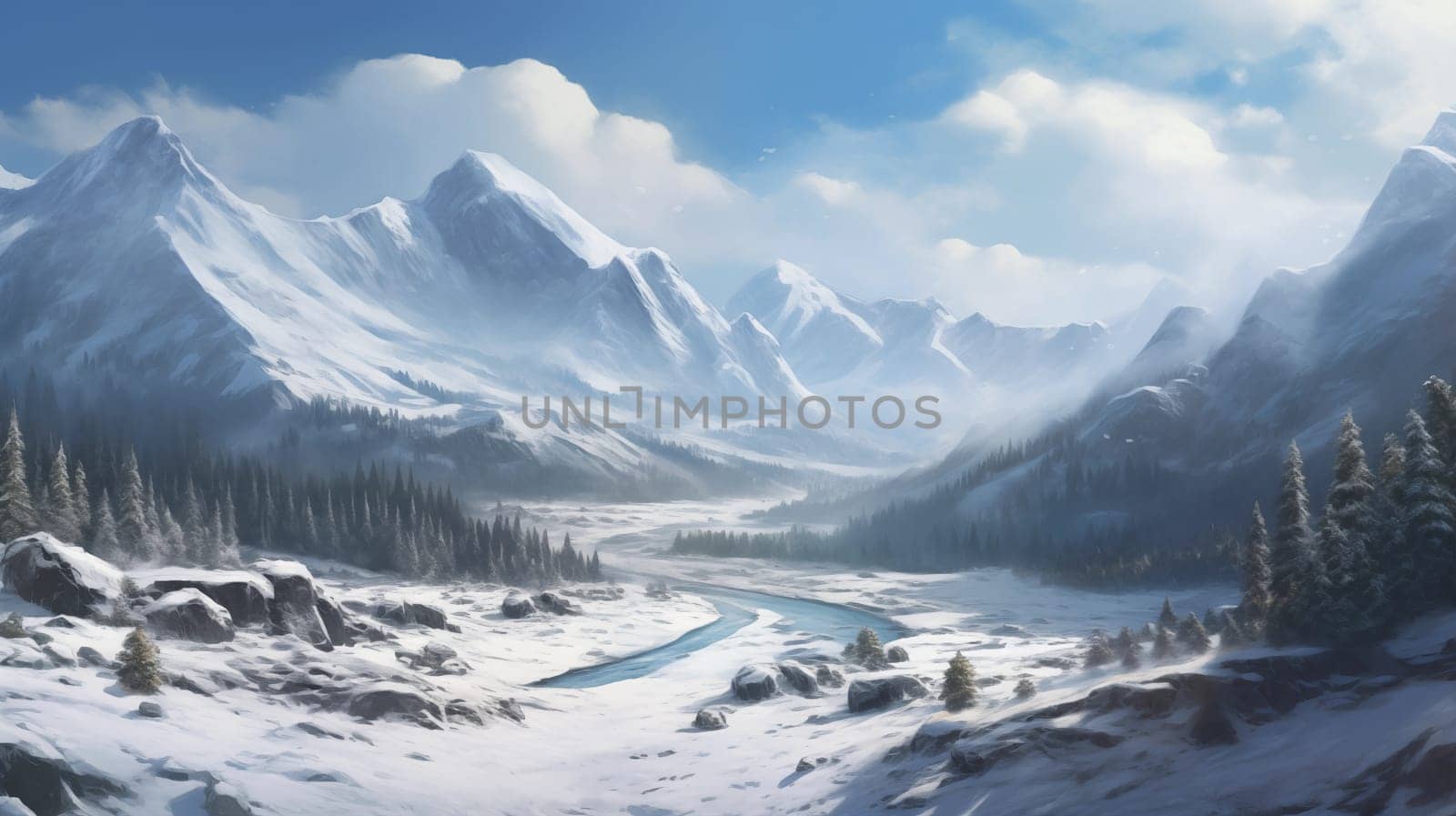 Snow-covered landscapes, including mountains, forests, and fields. llustration for cover, interior design. AI generative.