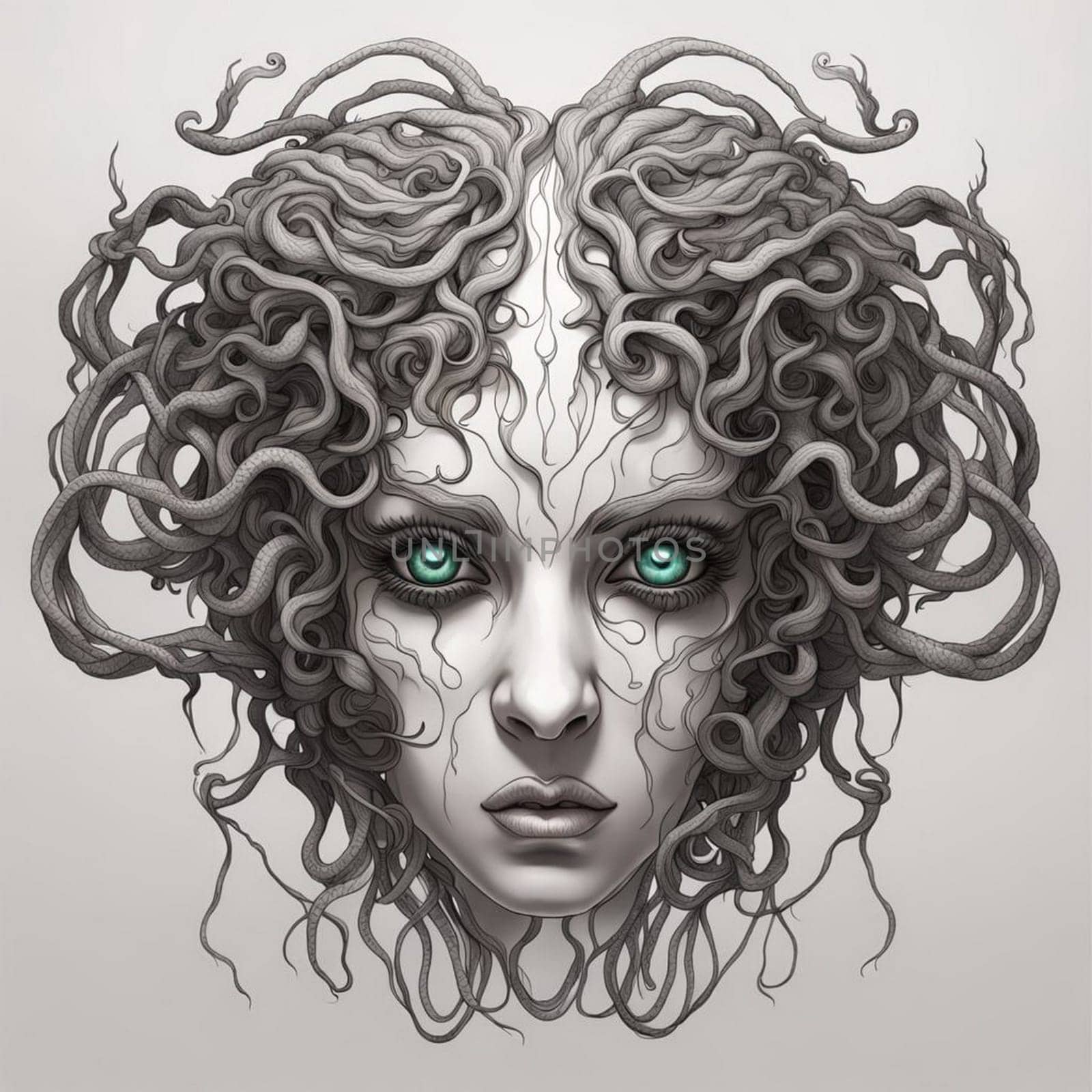 AI generated portrait of a Medusa in monochrome against a white background.