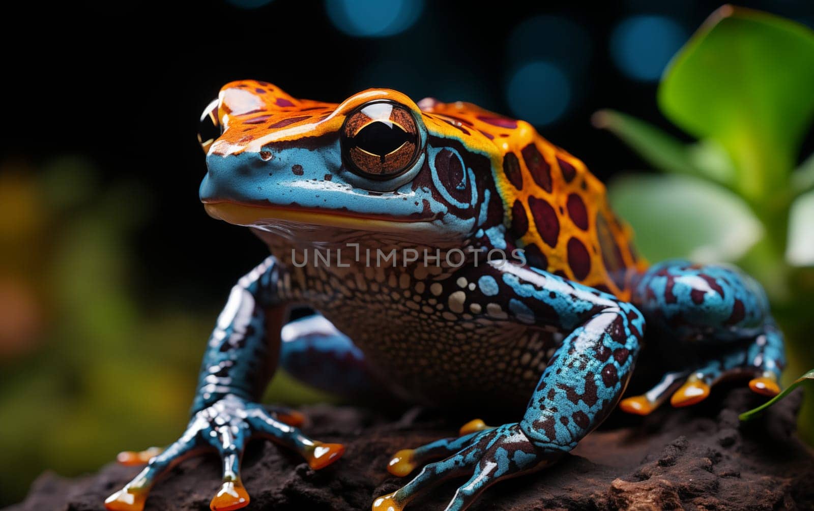 Macro lens portrait of a vibrant cobalt blue and orange poison dart frog, ultra-high detailed, background subtropical lowland forest, dynamic composition and dramatic lighting. AI generative.
