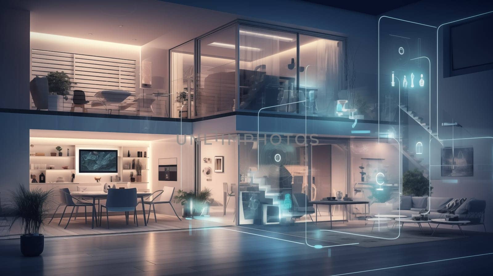 A smart home setup. A modern living space equipped with smart home devices like smart lights, tv and voice - controlled assistants. Smart home interior with augmented reality. AI generative.