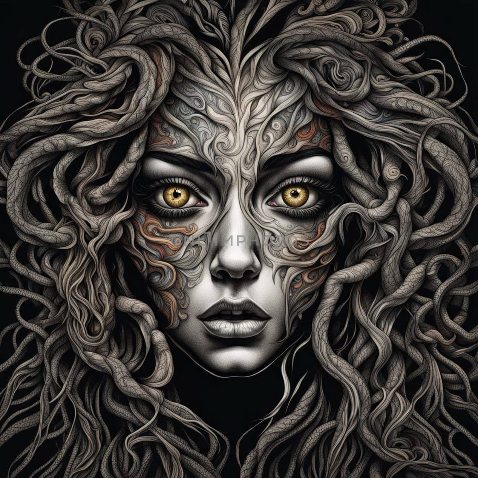 AI generated portrait of a Medusa in monochrome against a white background.