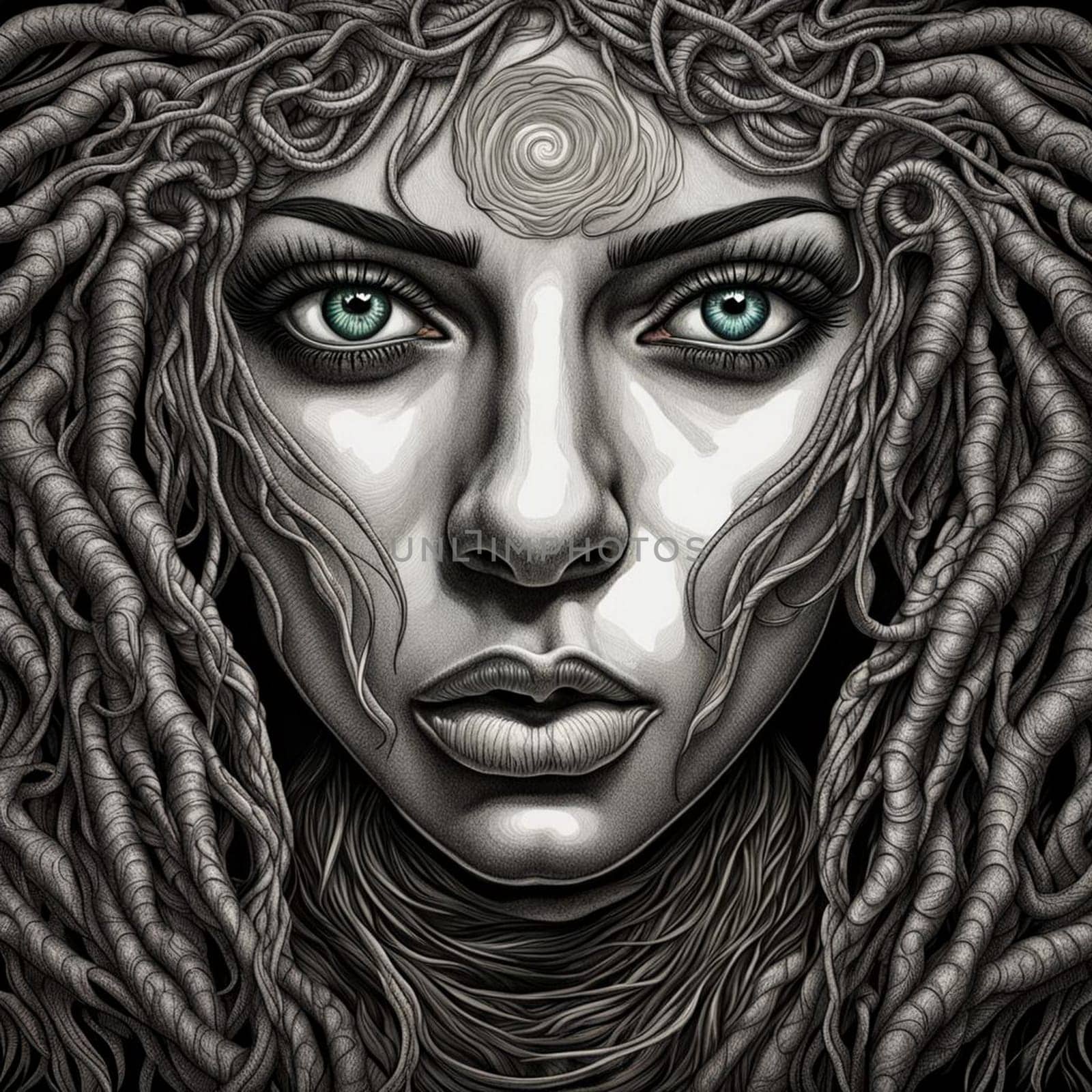 AI generated portrait of a Medusa in monochrome against a white background.