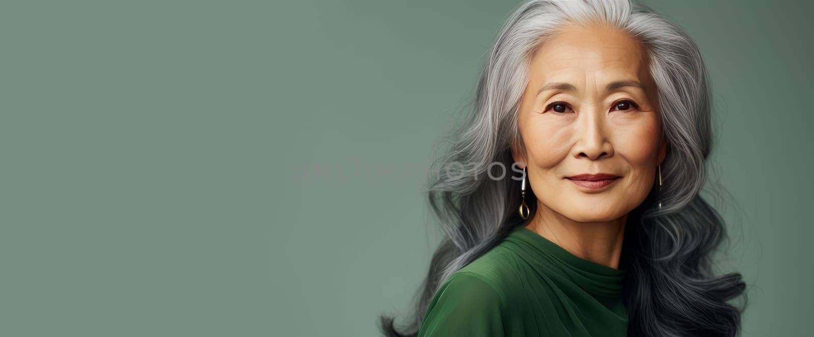 Smiling, elderly, chic Asian woman with gray long hair and perfect skin, on a light green background, banner. by Alla_Yurtayeva