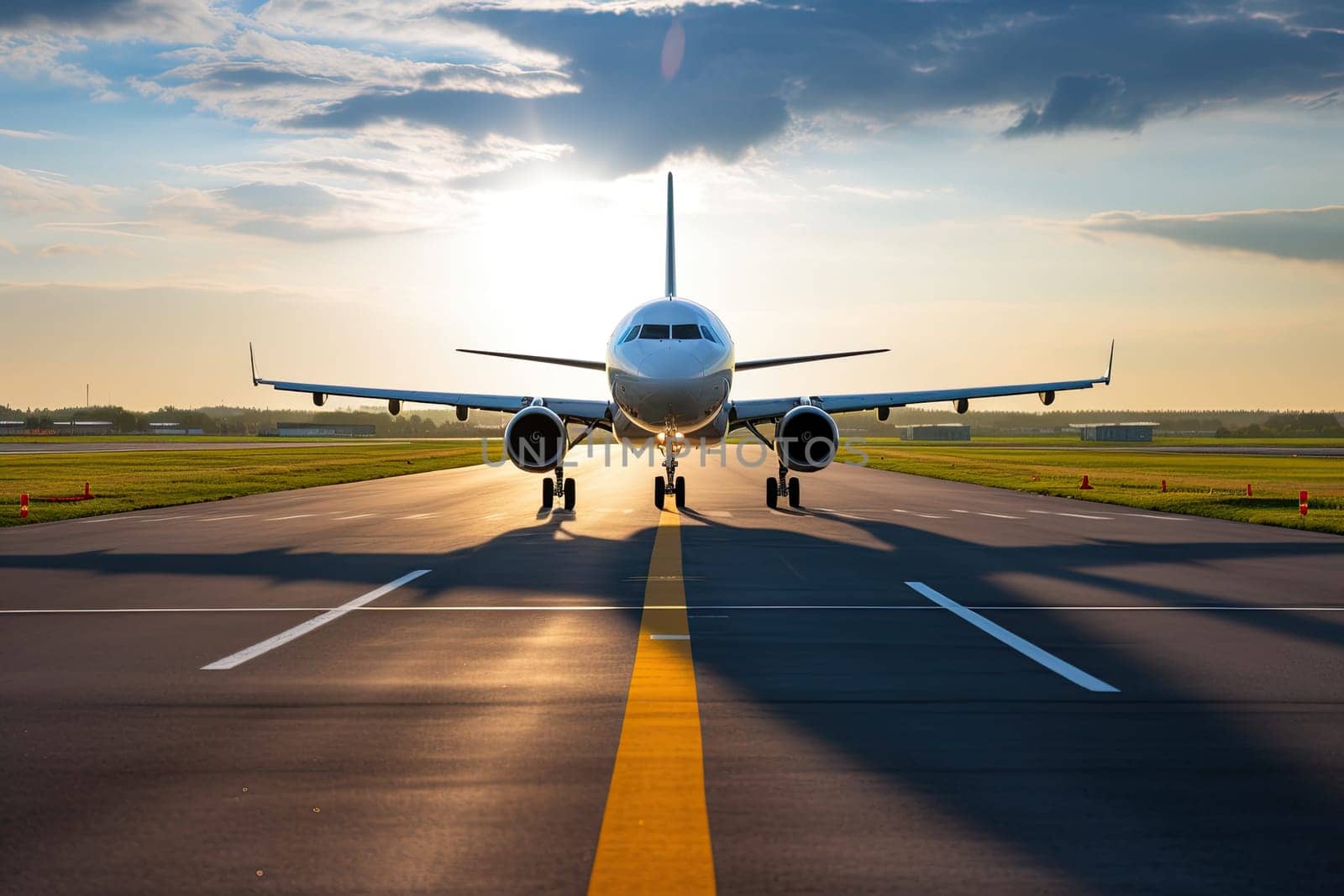 Close up of airplane land on runway at sunset. Travel concept of vacation and holiday.