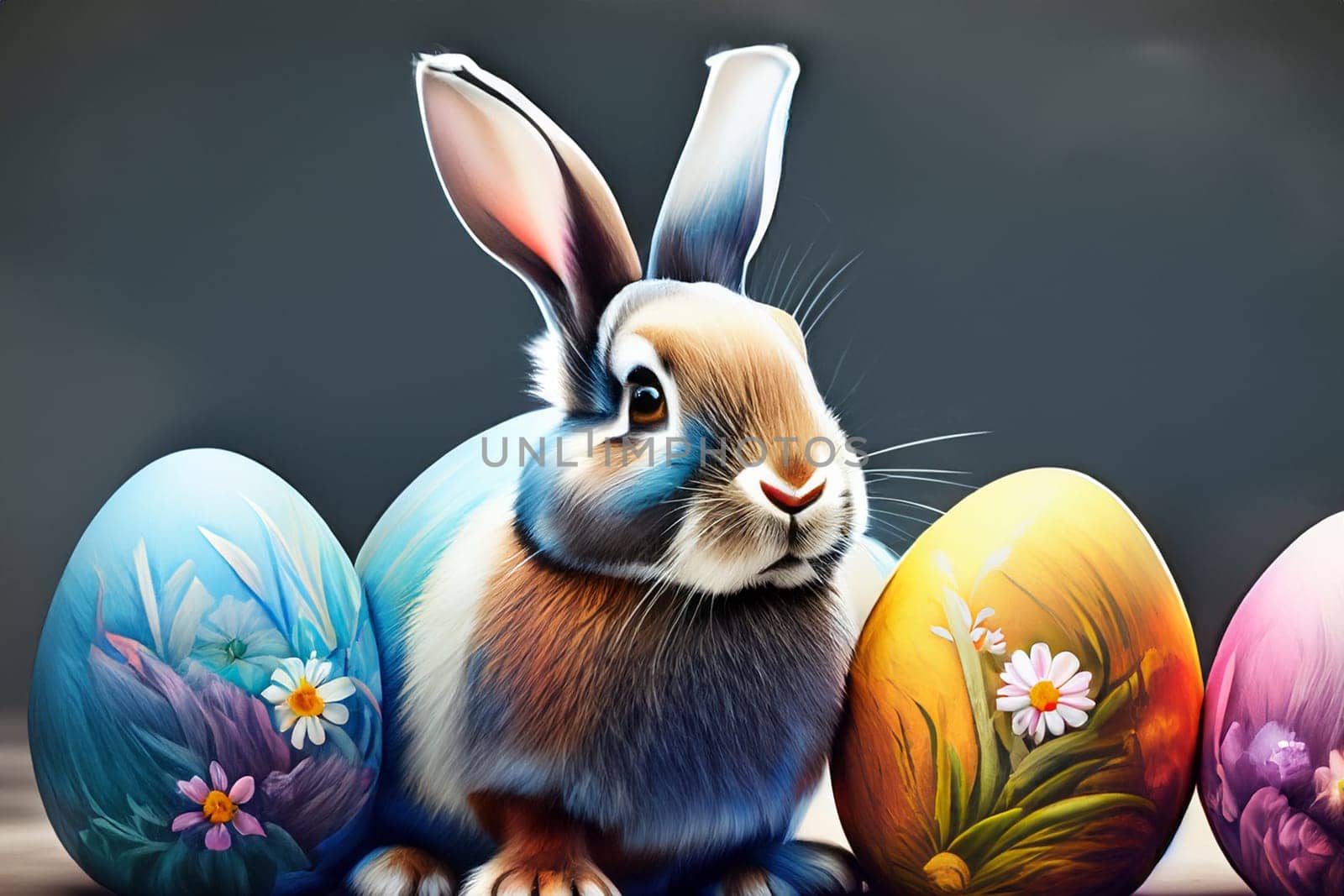 easter bunny with painted easter eggs and dark background ai generated art design