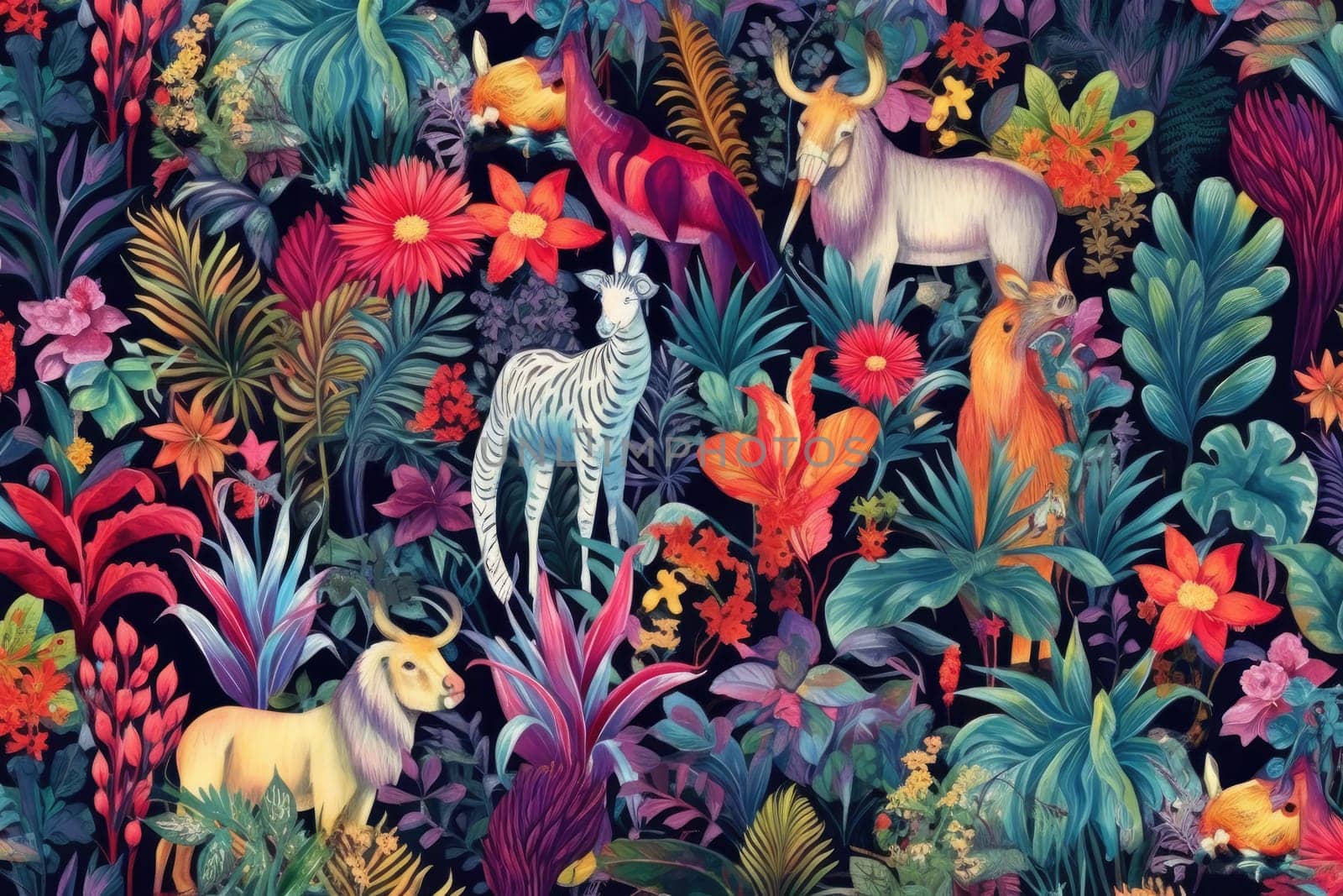 Tropical exotic pattern with animal and flowers in bright colors and lush vegetation. Ai Generative. by Benzoix