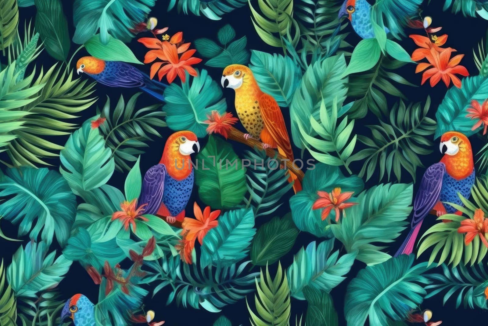 Tropical exotic pattern with animal and flowers in bright colors and lush vegetation. Ai Generative. by Benzoix