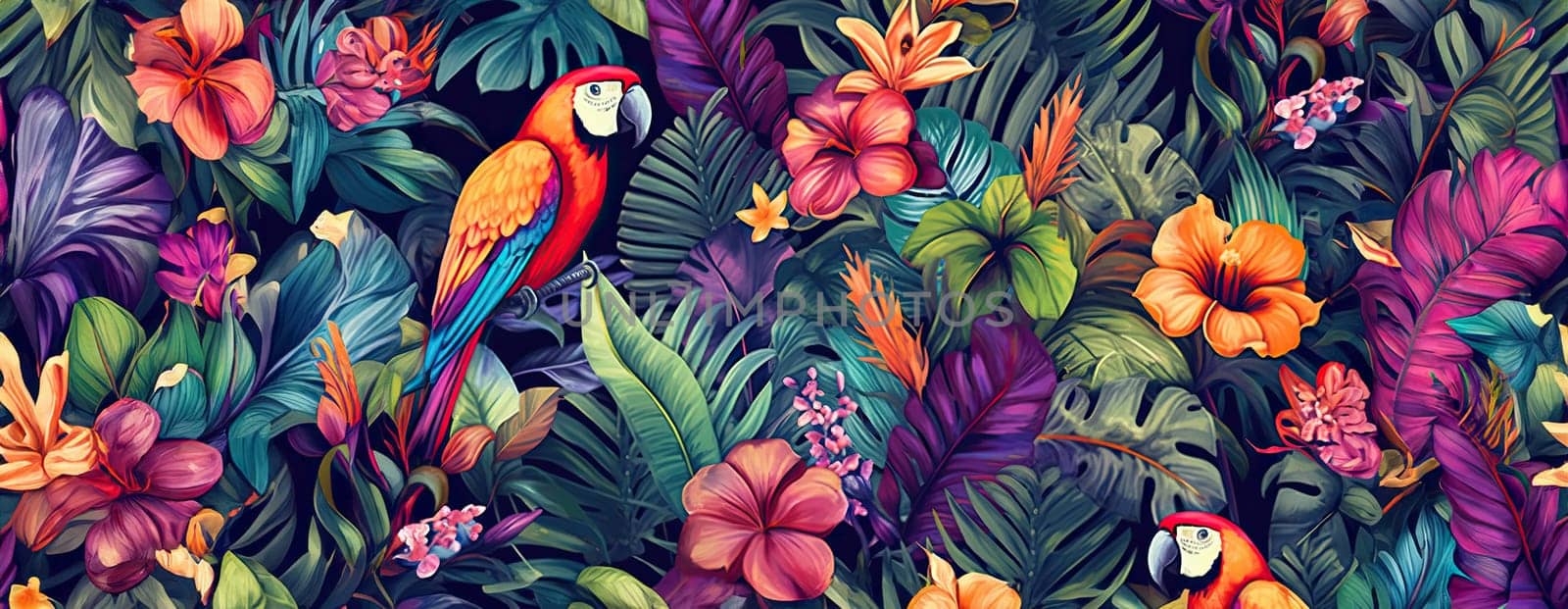 Tropical exotic pattern with animal and flowers in bright colors and lush vegetation. Ai Generative. by Benzoix