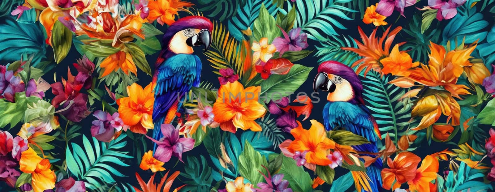 Tropical exotic pattern with animal and flowers in bright colors and lush vegetation. Ai Generative