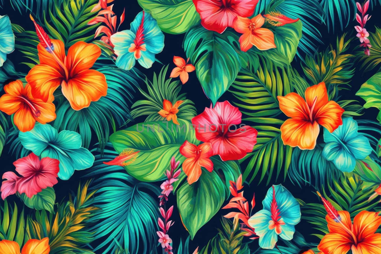 Tropical exotic pattern with animal and flowers in bright colors and lush vegetation. Ai Generative. by Benzoix