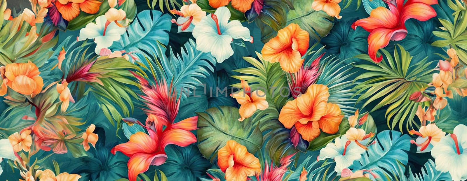 Tropical exotic pattern with animal and flowers in bright colors and lush vegetation. Ai Generative