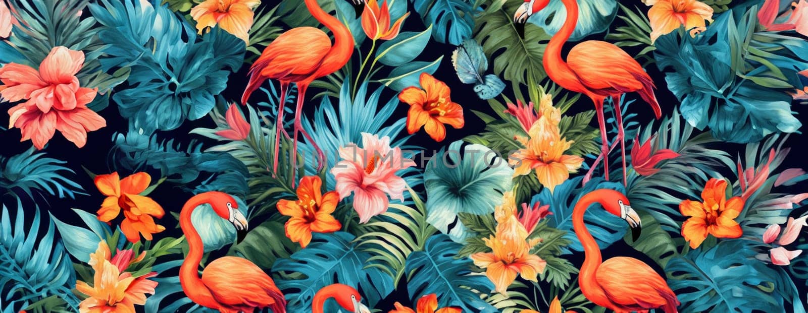 Tropical exotic pattern with animal and flowers in bright colors and lush vegetation. Ai Generative. by Benzoix