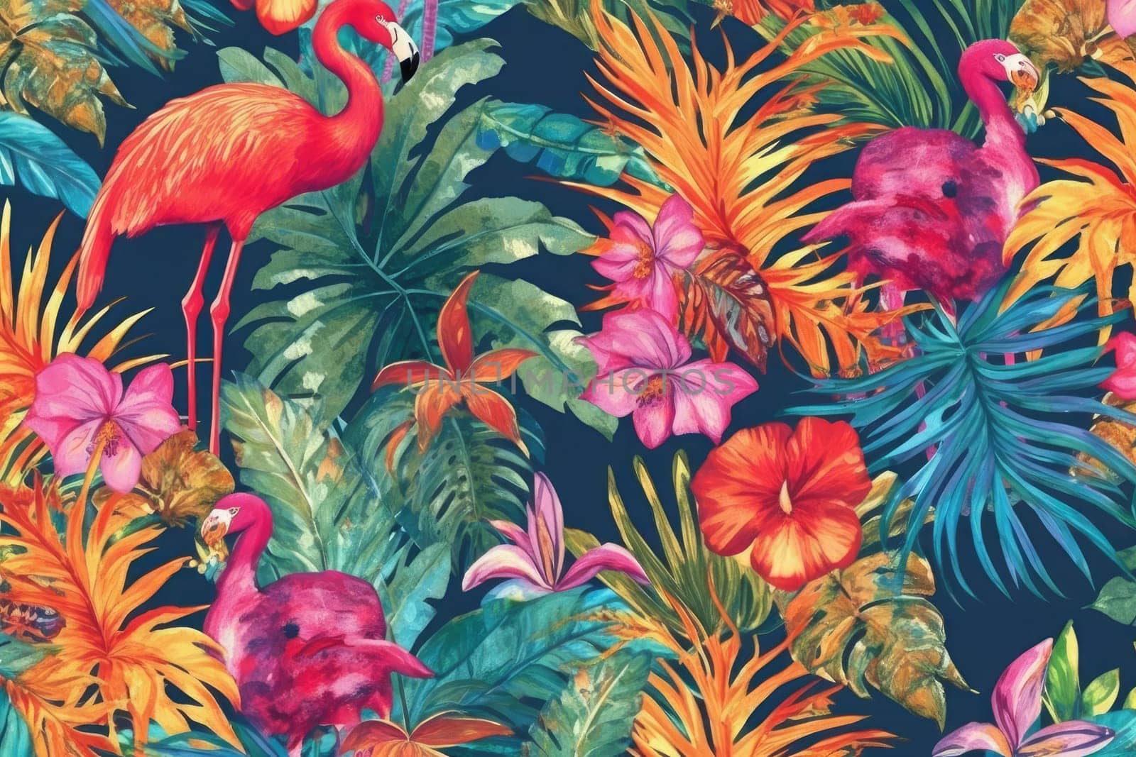 Tropical exotic pattern with animal and flowers in bright colors and lush vegetation. Ai Generative. by Benzoix