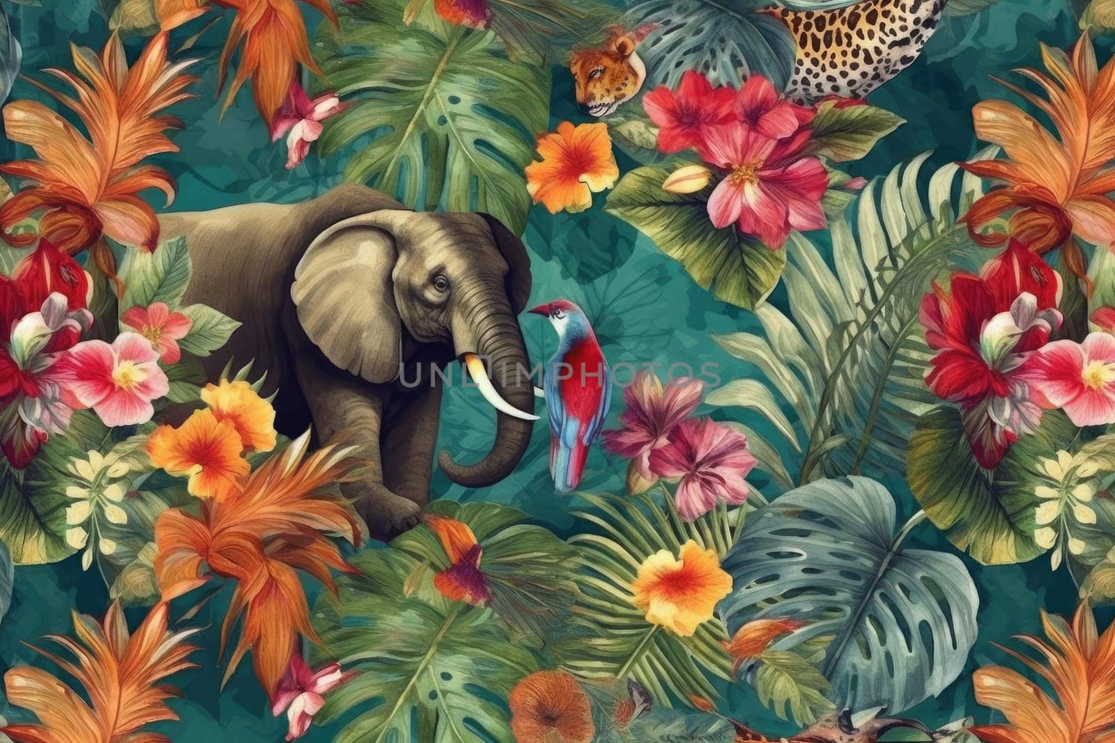 Tropical exotic pattern with animal and flowers in bright colors and lush vegetation. Ai Generative. by Benzoix