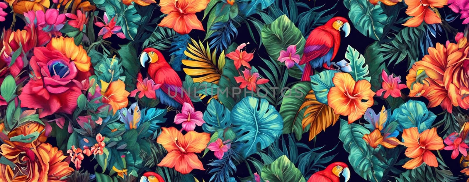 Tropical exotic pattern with animal and flowers in bright colors and lush vegetation. Ai Generative. by Benzoix