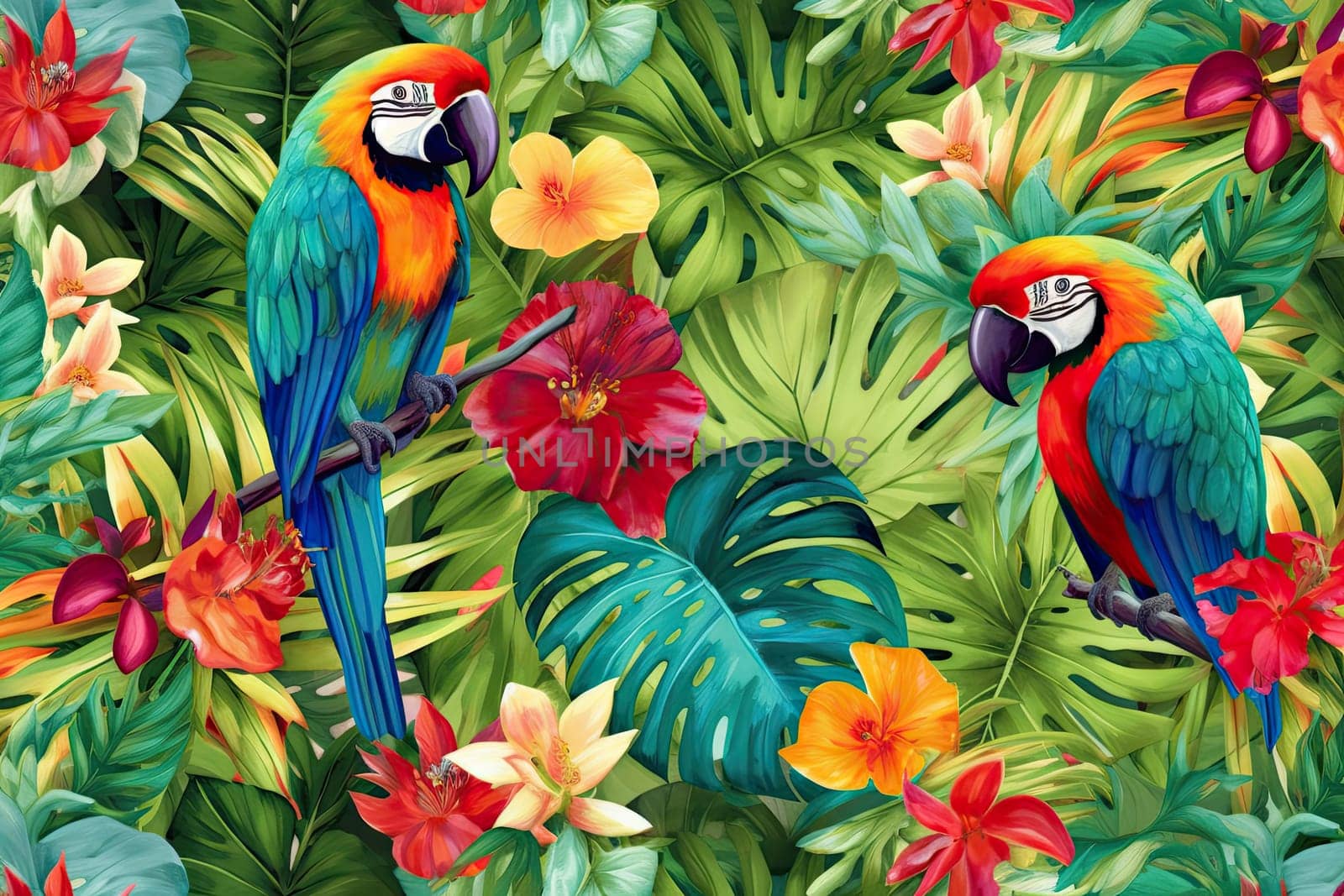 Tropical exotic pattern with animal and flowers in bright colors and lush vegetation. Ai Generative