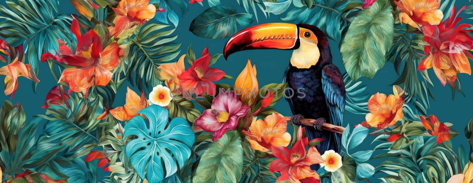 Tropical exotic pattern with animal and flowers in bright colors and lush vegetation. Ai Generative. by Benzoix