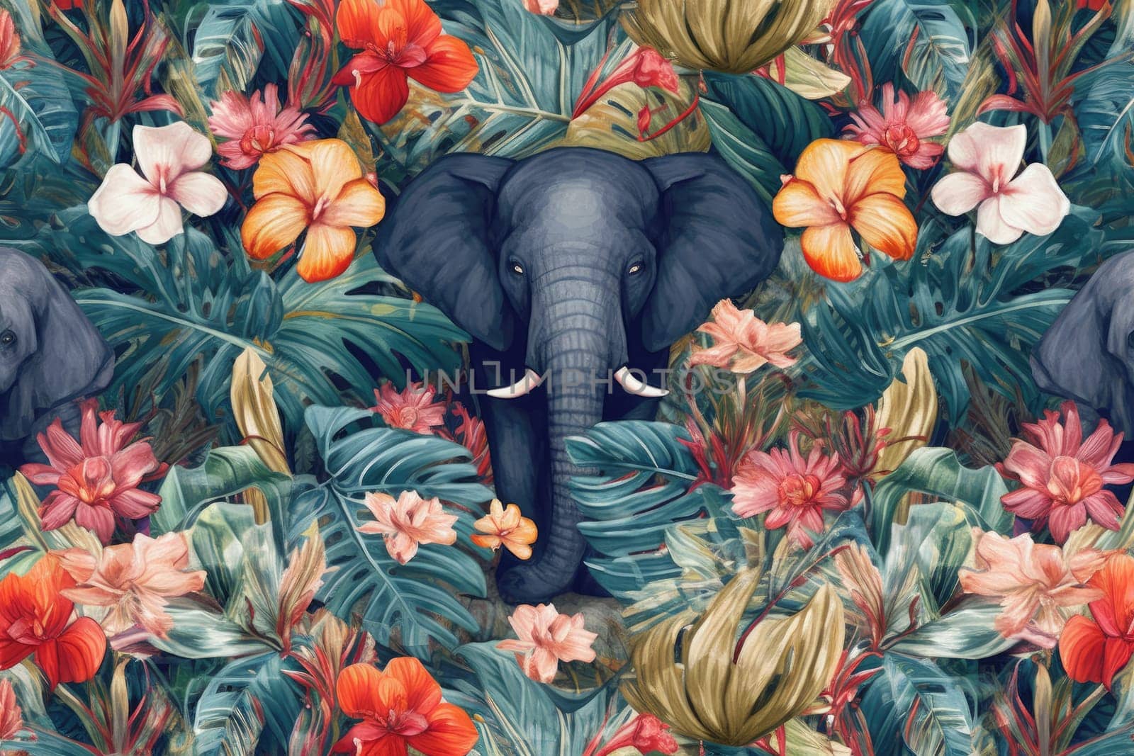 Tropical exotic pattern with animal and flowers in bright colors and lush vegetation. Ai Generative