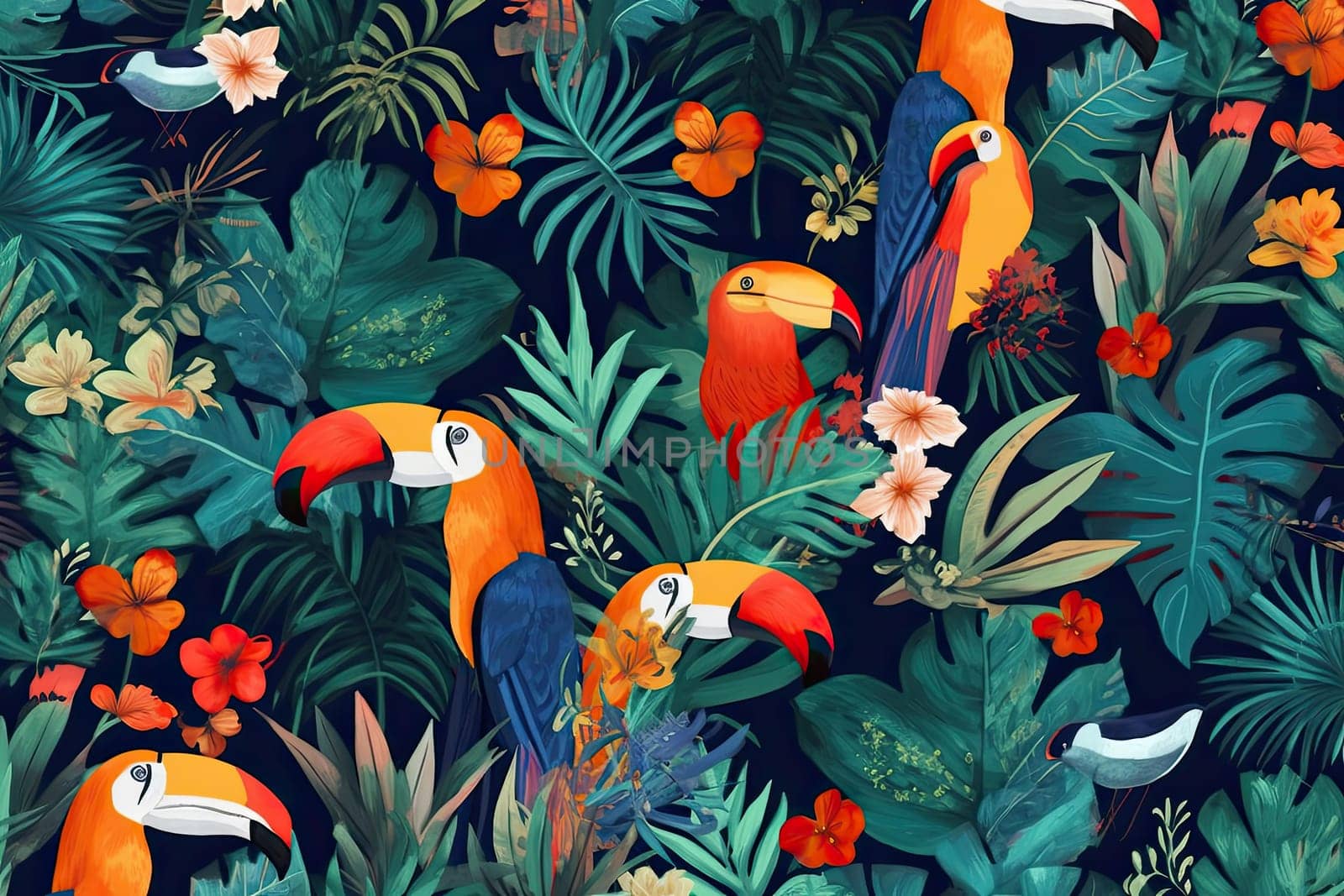 Tropical exotic pattern with animal and flowers in bright colors and lush vegetation. Ai Generative. by Benzoix