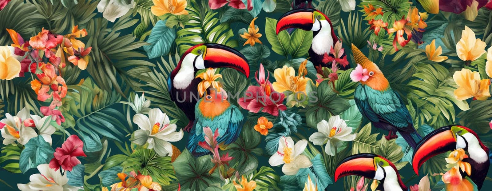 Tropical exotic pattern with animal and flowers in bright colors and lush vegetation. Ai Generative. by Benzoix