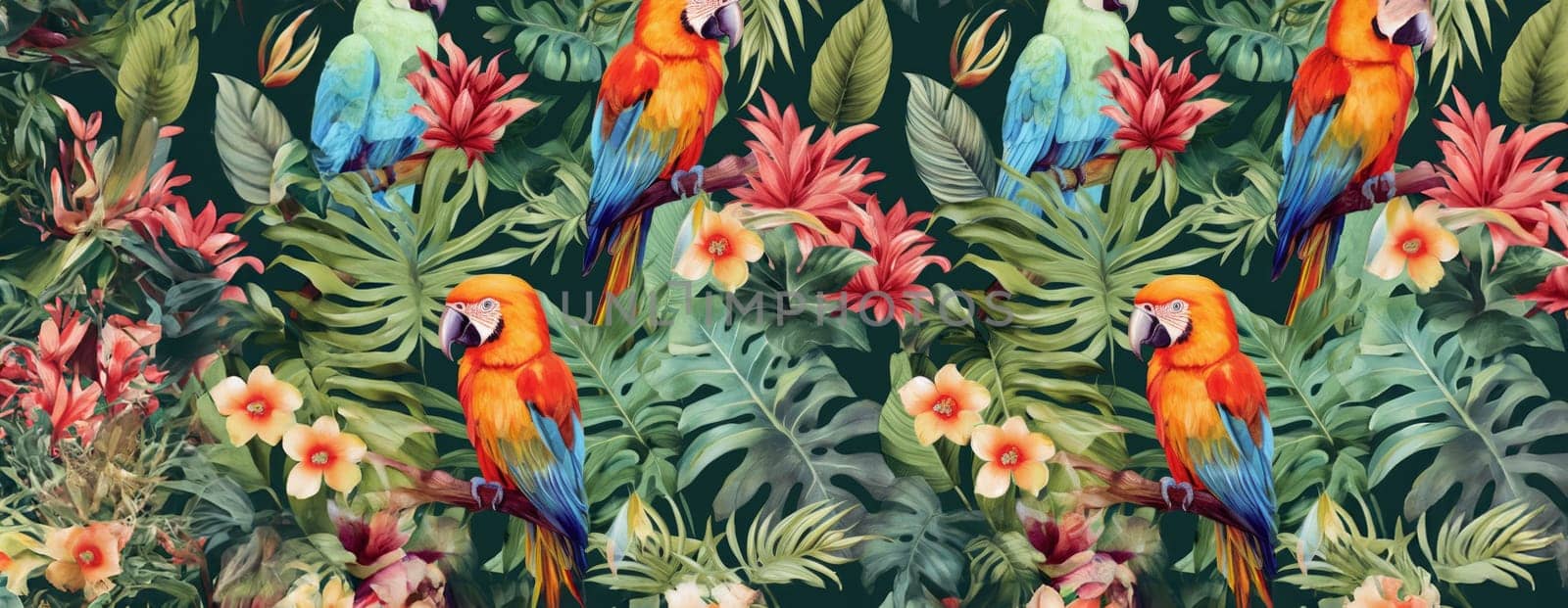 Tropical exotic pattern with animal and flowers in bright colors and lush vegetation. Ai Generative