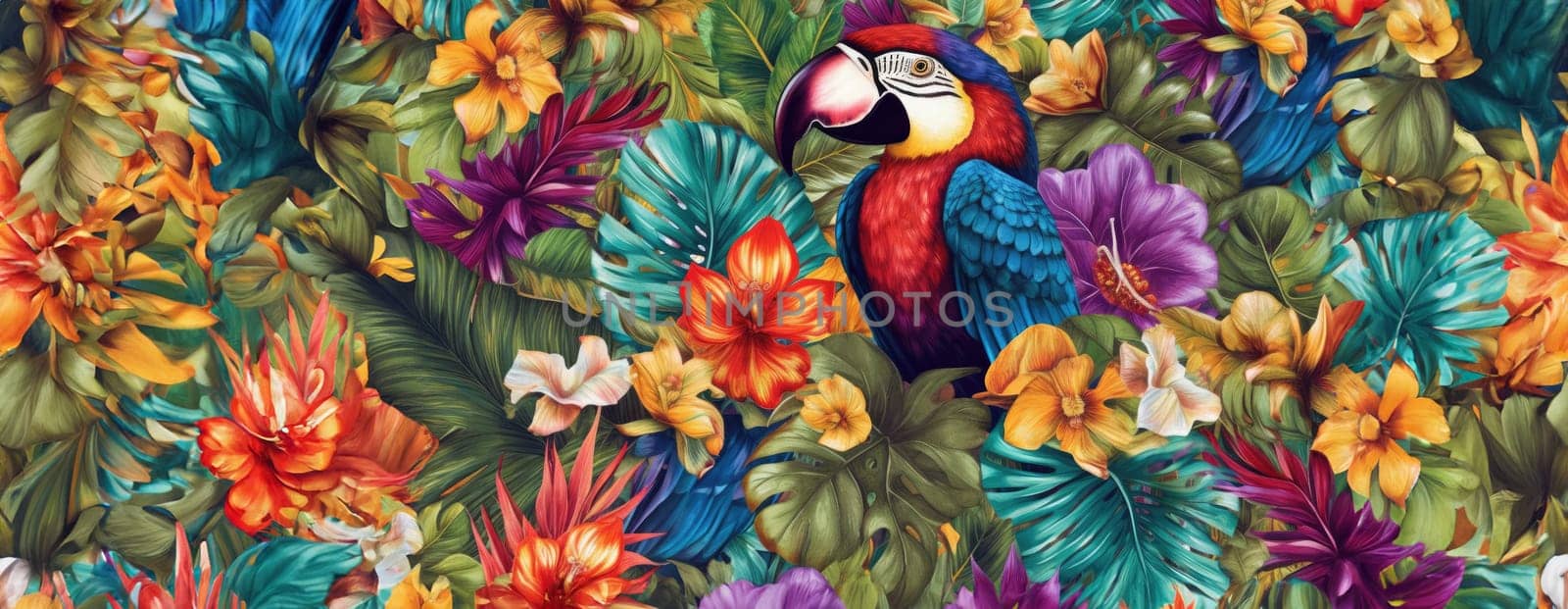 Tropical exotic pattern with animal and flowers in bright colors and lush vegetation. Ai Generative. by Benzoix