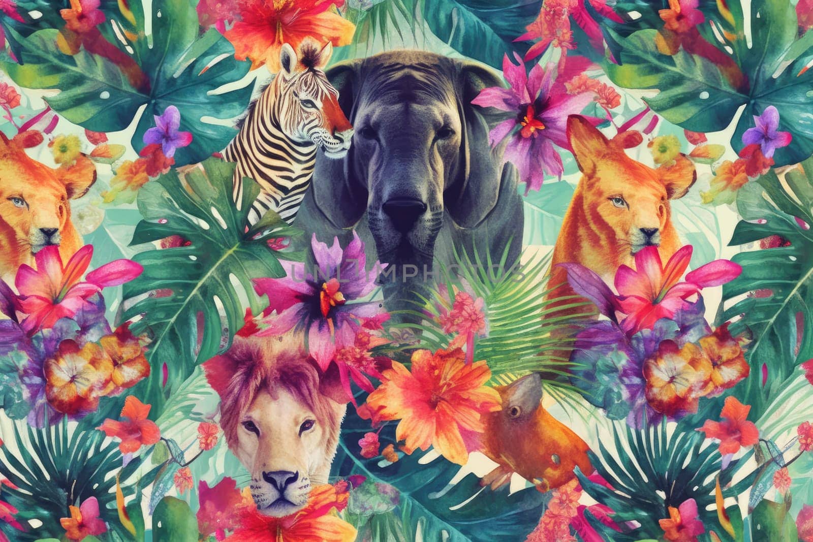 Tropical exotic pattern with animal and flowers in bright colors and lush vegetation. Ai Generative. by Benzoix