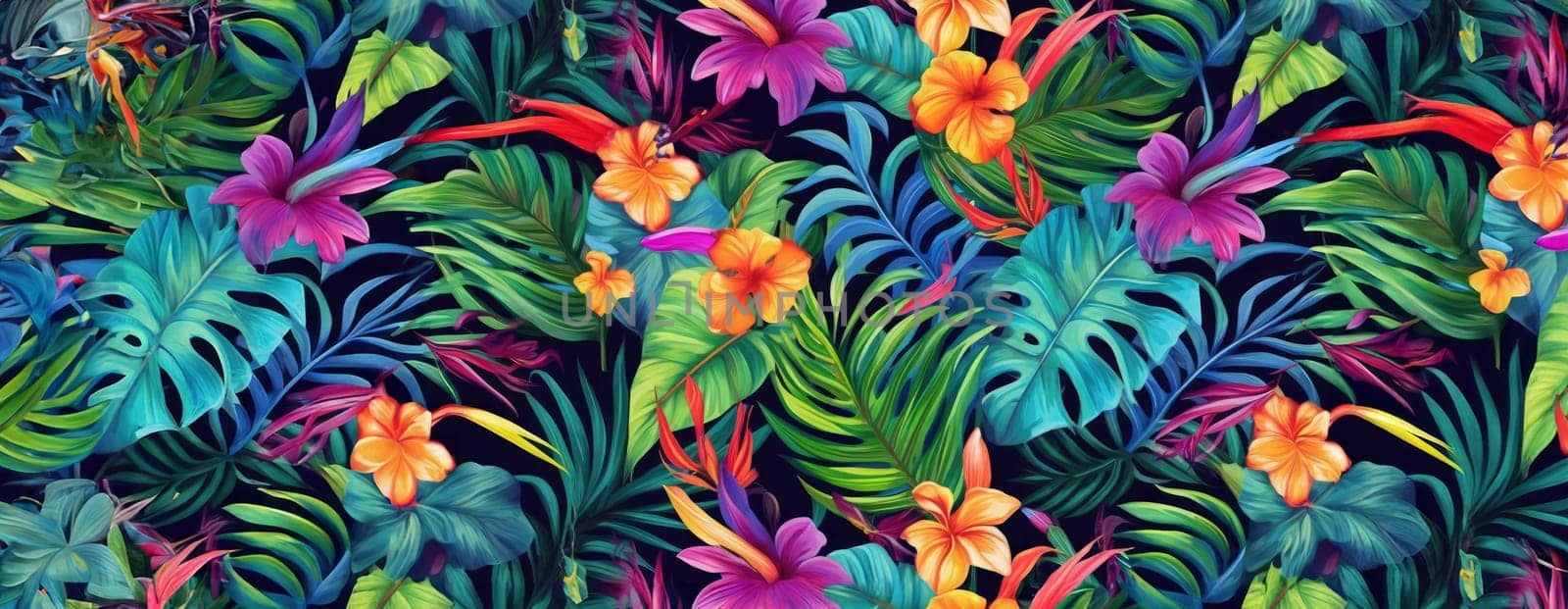 Tropical exotic pattern with animal and flowers in bright colors and lush vegetation. Ai Generative. by Benzoix