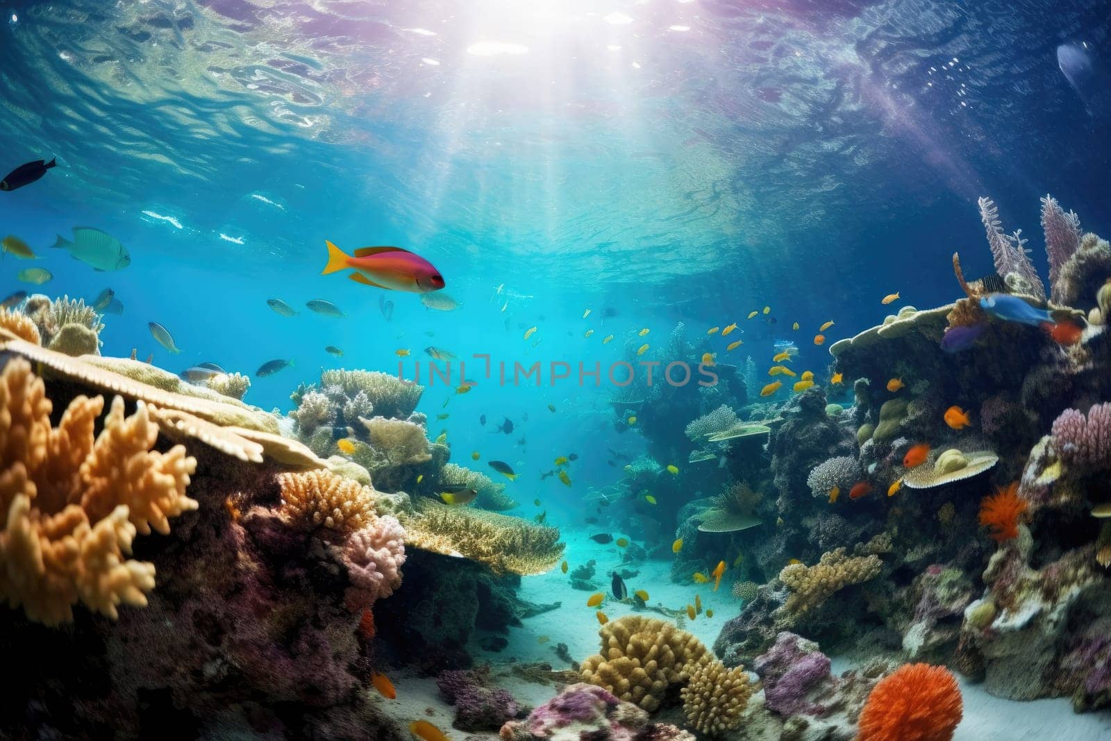 Tropical sea underwater fishes on coral reef. Aquarium oceanarium wildlife colorful marine panorama landscape nature snorkel diving. AI Generative