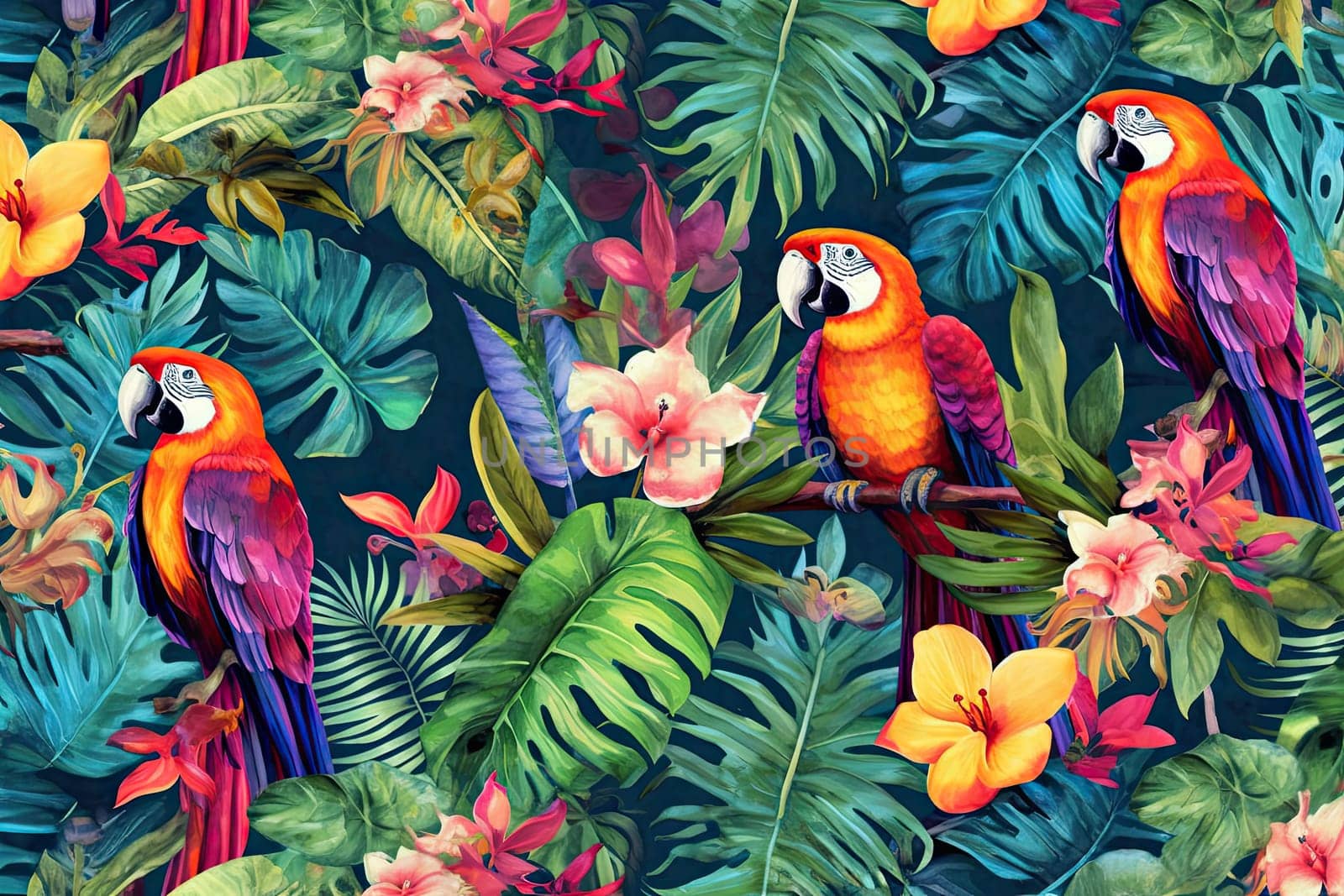 Tropical exotic pattern with animal and flowers in bright colors and lush vegetation. Ai Generative. by Benzoix