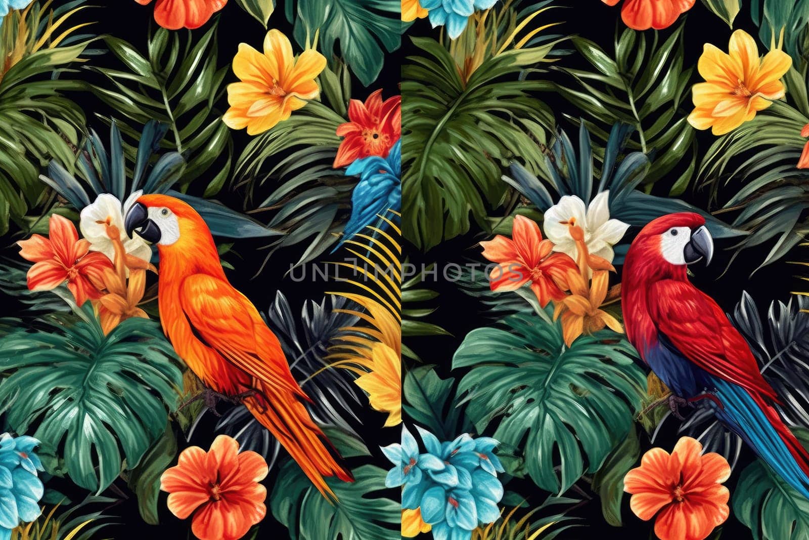 Tropical exotic pattern with animal and flowers in bright colors and lush vegetation. Ai Generative