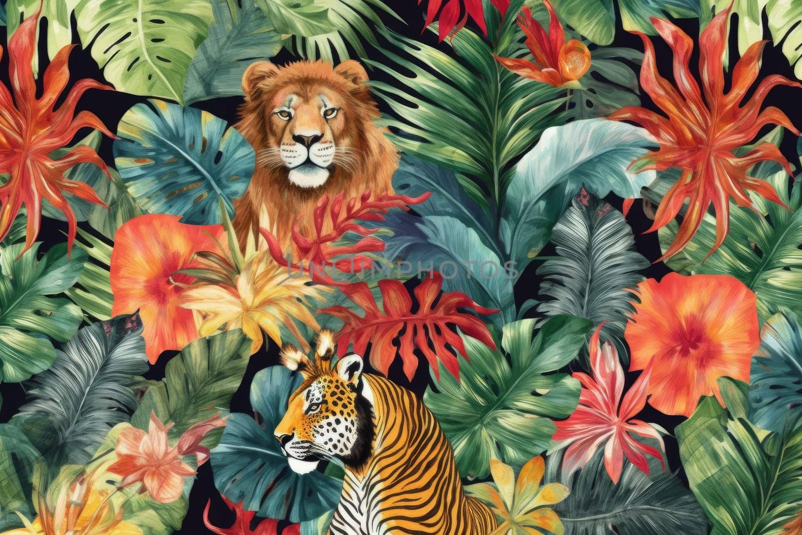 Tropical exotic pattern with animal and flowers in bright colors and lush vegetation. Ai Generative