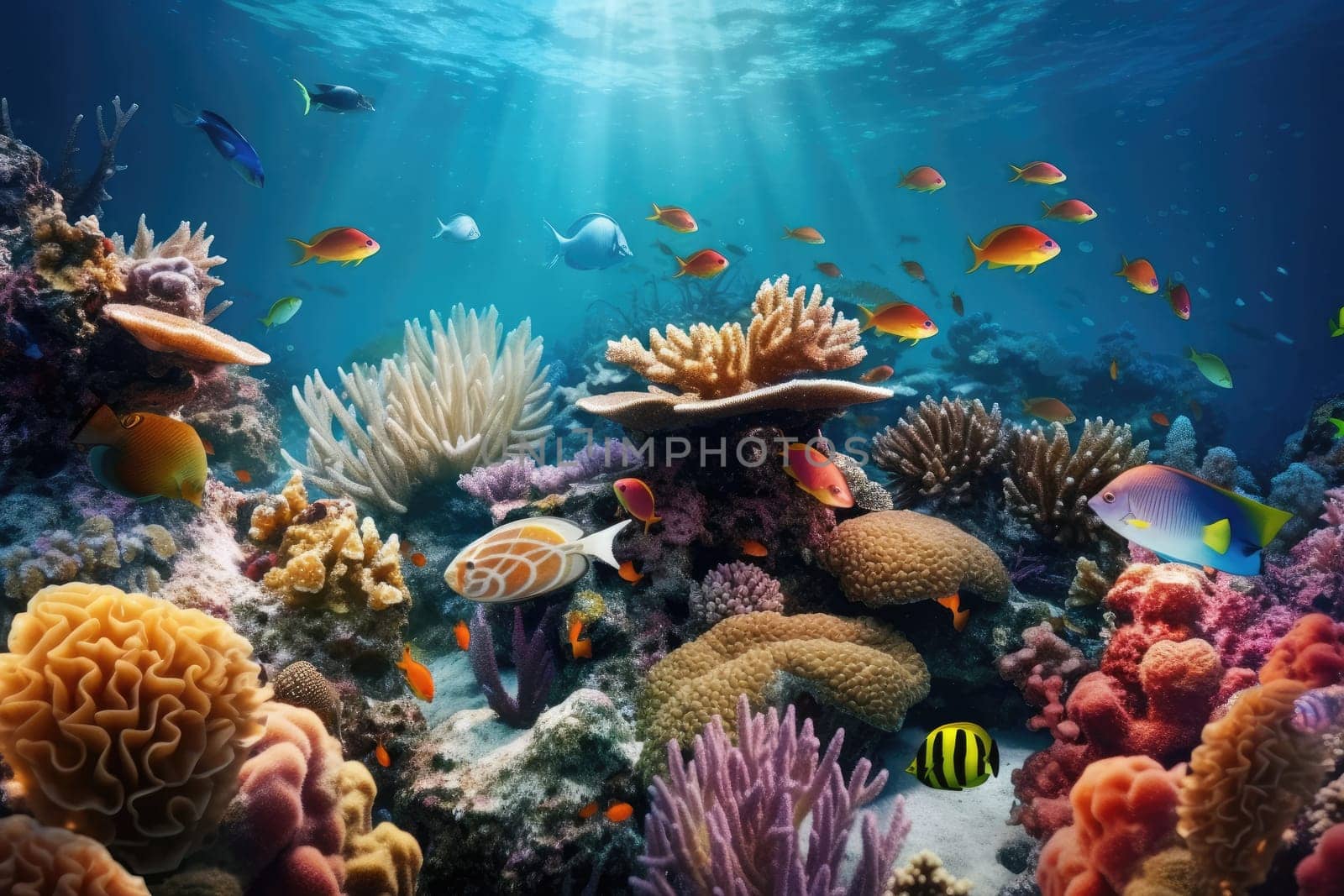 Tropical sea underwater fishes on coral reef. Aquarium oceanarium wildlife colorful marine panorama landscape nature snorkel diving. AI Generative