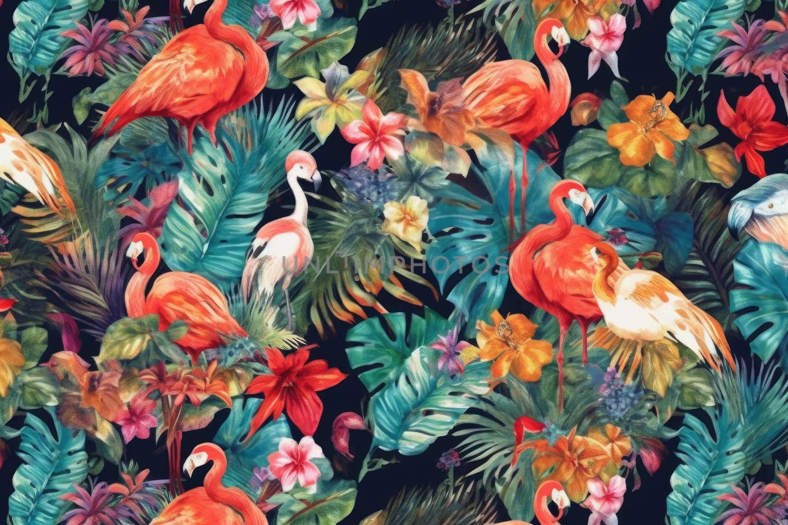 Tropical exotic pattern with animal and flowers in bright colors and lush vegetation. Ai Generative