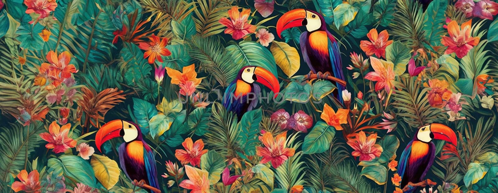 Tropical exotic pattern with animal and flowers in bright colors and lush vegetation. Ai Generative