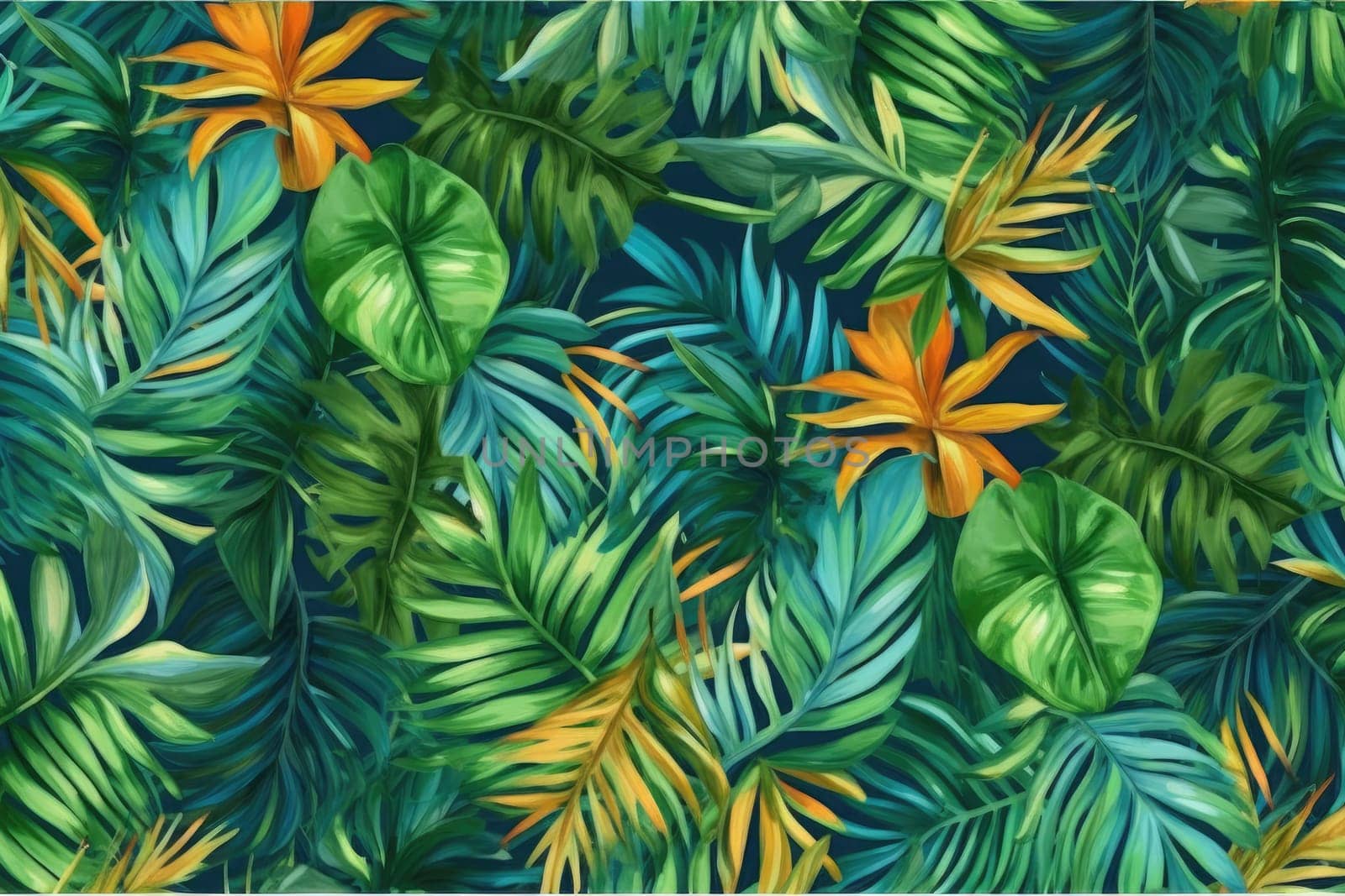 Tropical exotic pattern with animal and flowers in bright colors and lush vegetation. Ai Generative