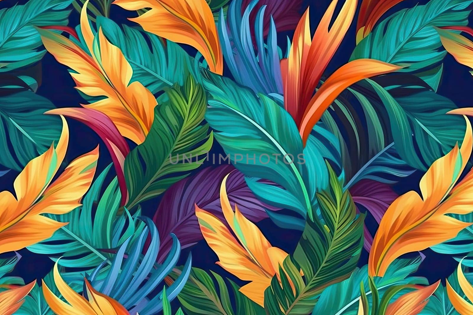 Tropical exotic pattern with animal and flowers in bright colors and lush vegetation. Ai Generative. by Benzoix