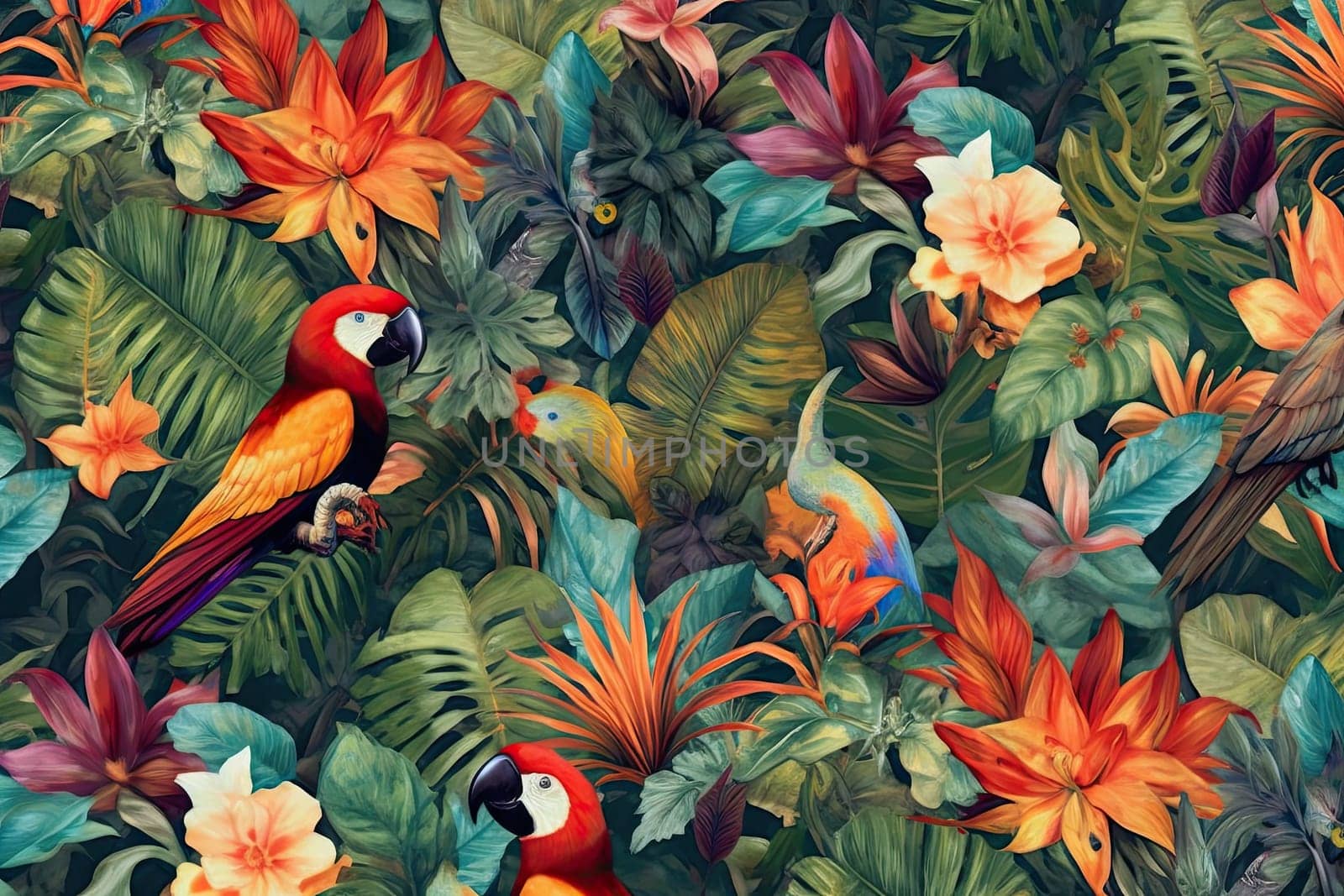 Tropical exotic pattern with animal and flowers in bright colors and lush vegetation. Ai Generative. by Benzoix