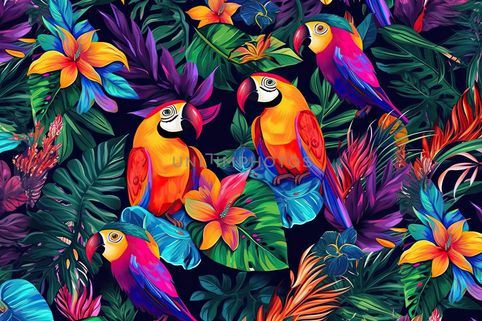 Tropical exotic pattern with animal and flowers in bright colors and lush vegetation. Ai Generative