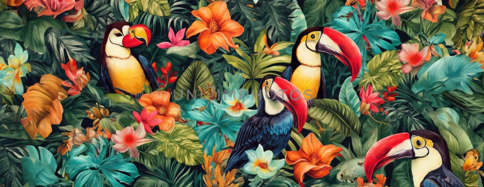 Tropical exotic pattern with animal and flowers in bright colors and lush vegetation. Ai Generative. by Benzoix