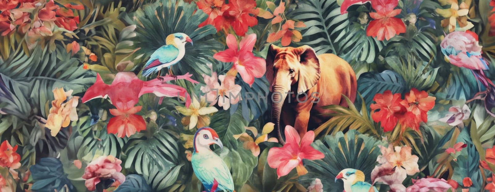 Tropical exotic pattern with animal and flowers in bright colors and lush vegetation. Ai Generative