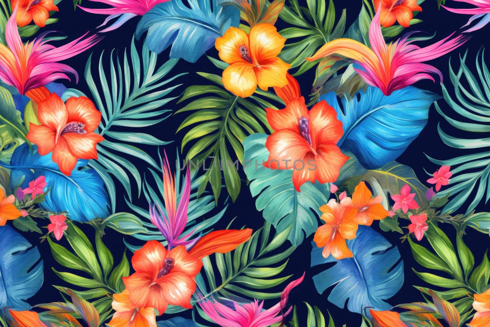 Tropical exotic pattern with animal and flowers in bright colors and lush vegetation. Ai Generative