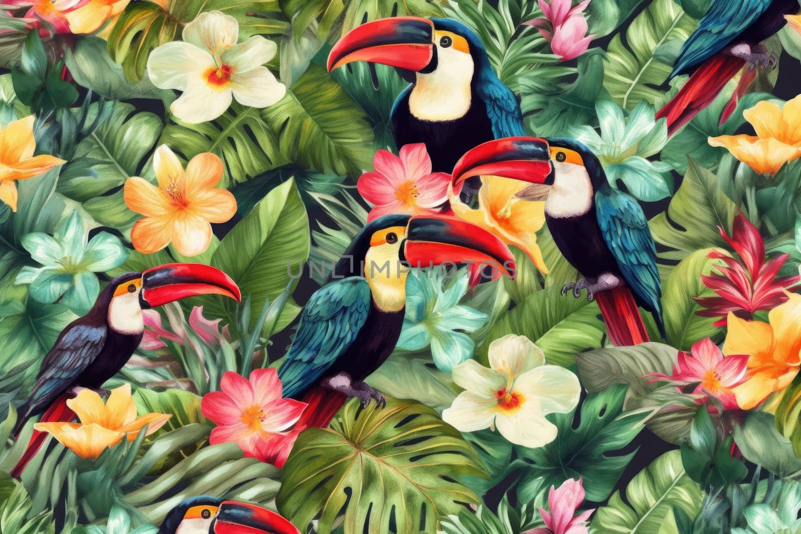 Tropical exotic pattern with animal and flowers in bright colors and lush vegetation. Ai Generative