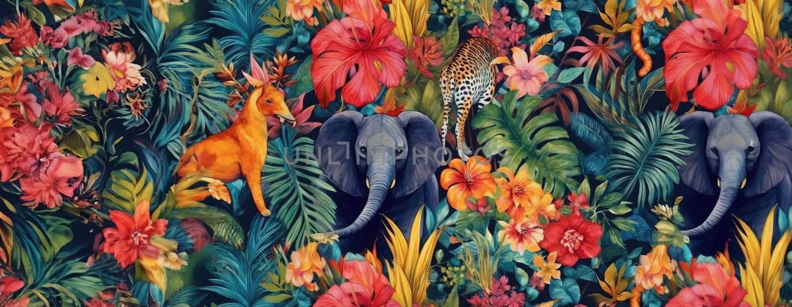 Tropical exotic pattern with animal and flowers in bright colors and lush vegetation. Ai Generative. by Benzoix