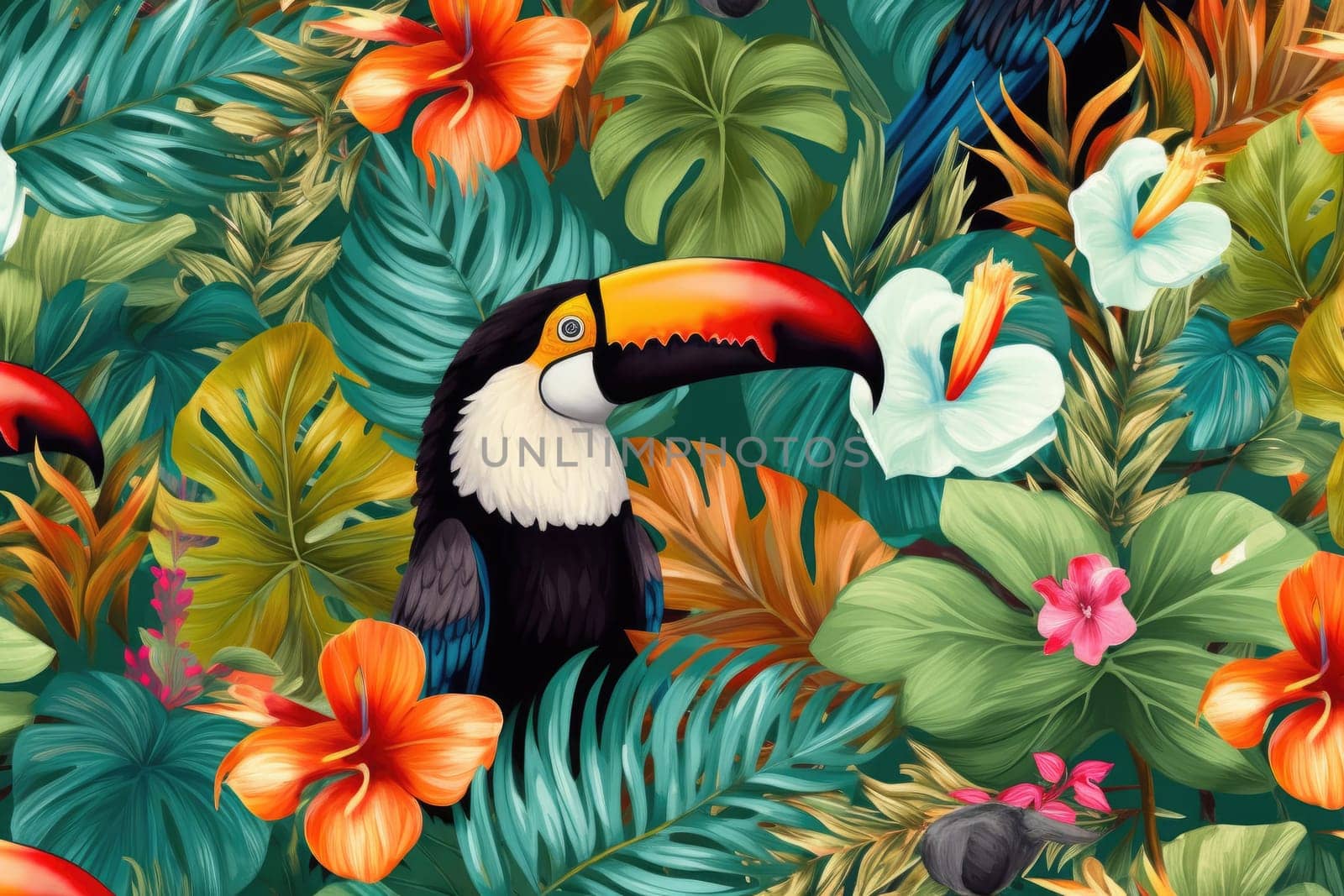 Tropical exotic pattern with animal and flowers in bright colors and lush vegetation. Ai Generative. by Benzoix