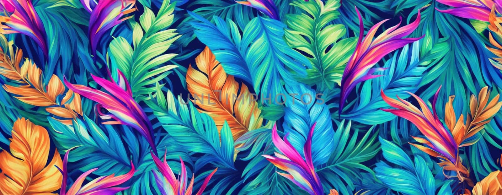 Tropical exotic pattern with animal and flowers in bright colors and lush vegetation. Ai Generative