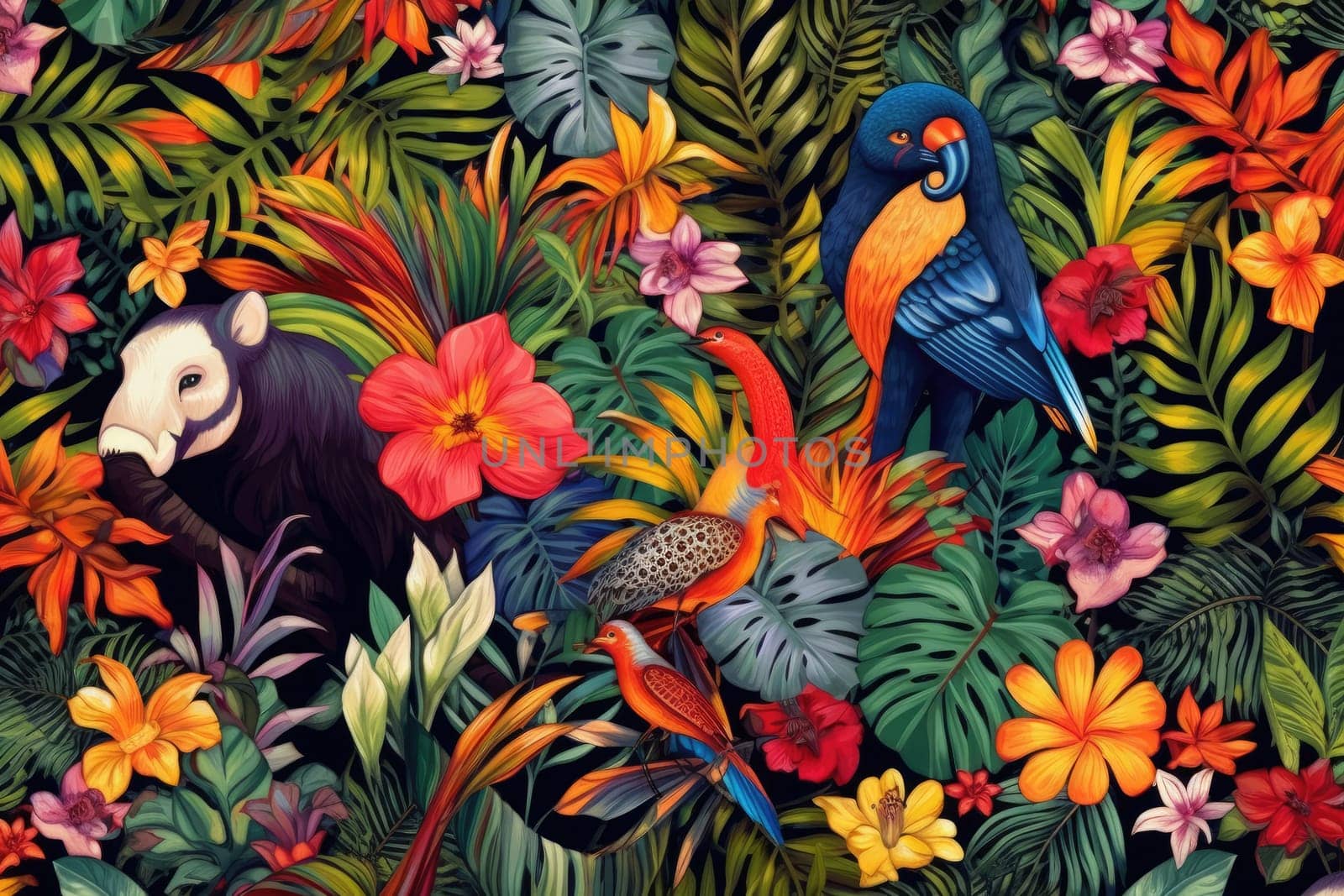 Tropical exotic pattern with animal and flowers in bright colors and lush vegetation. Ai Generative