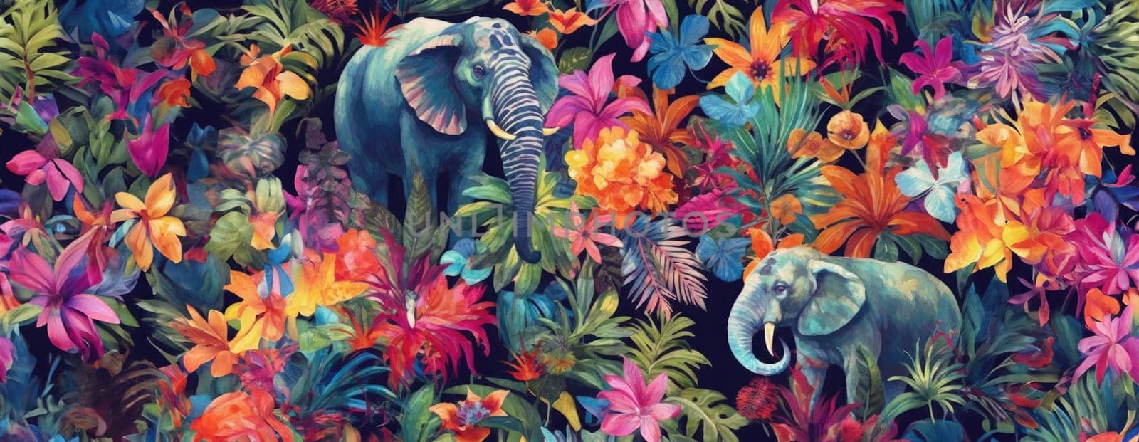 Tropical exotic pattern with animal and flowers in bright colors and lush vegetation. Ai Generative