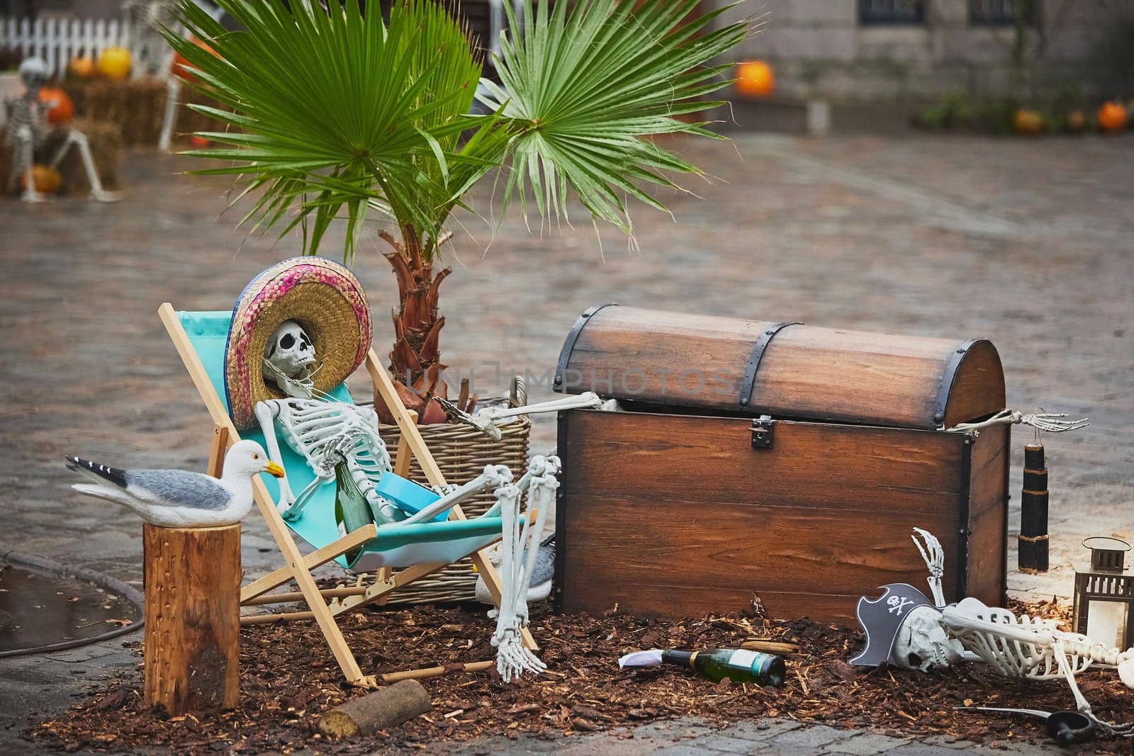 Funny Skeletons suffer from a hangover in Denmark. Vejle. Halloween decorations